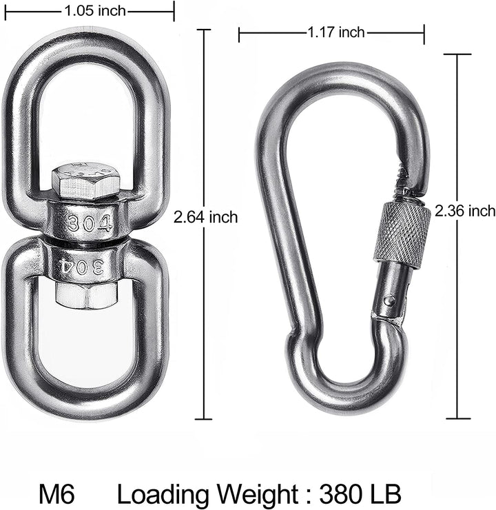 2+1 Heavy Duty 304 Stainless Steel Swivel Ring Double Ended Swivel Eye Hook with SUS304 Snap Hooks for Web Tree Swing, Swing Spinner Hanger, Reliable and Safe (M6)