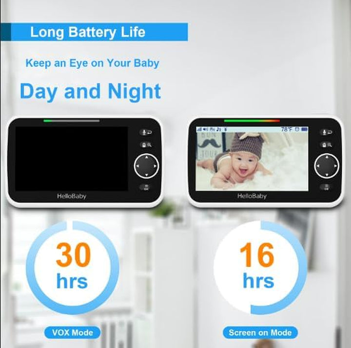 No Wifi Baby Monitor 5" Screen 30-Hour Battery Pan-Tilt-Zoom Video Upgrade with Camera and Audio, Night Vision, VOX, 2-Way Talk, 8 Lullabies and 1000Ft Range
