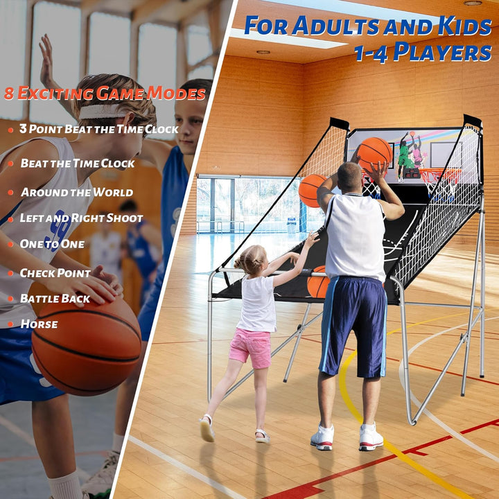 Foldable Electronic Dual Basketball Arcade Game,Double Shot 2 Player, 8 Game Options W/4 Balls LED Scoring System & Indoor Basketball Game for Youth, Adults