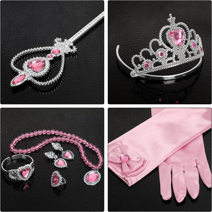 Princess Dress up Party Accessories for Princess Costume Gloves Tiara Wand Necklace Earrings Bracelet and Ring Gift Set 9Pcs (Pink, Set of 7, 9Pcs)