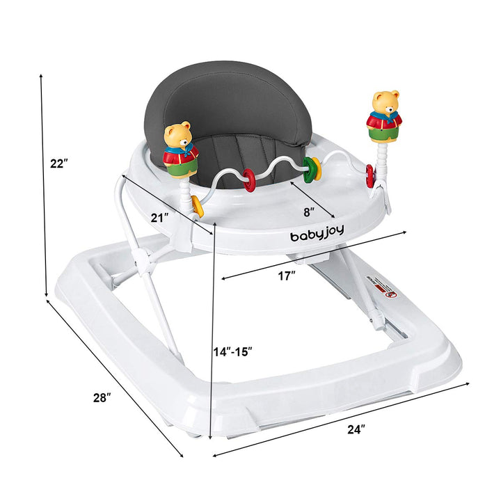 Baby Walker, Foldable Activity Walker with Adjustable Height, Large Tray & Removable Toys, Baby Walker with Wheels for Boys Girls 6-18 Months (Gray)