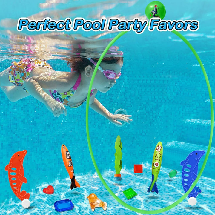 Pool Toys Diving Rings - 28PCS Swim Thru Rings Pool Game Diving Toys with Dive Ring Underwater Treasures Torpedo Bandits Fish Toy Fun Water Swimming Toy for Boys Girls Kids Teens Adults