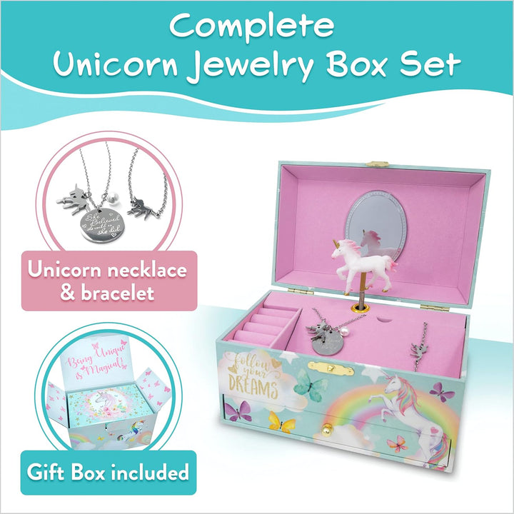 Unicorn Musical Jewelry Box, Classic Melody Storage Organizer Kids Ages 6-12, Wood Construction W/ 2 Compartments