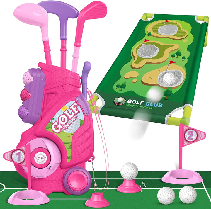 Toddler Golf Set for 2 3 4 5 Years Old Boys Girls, Upgraded Kids Golf Cart with Golf Cornhole Board & Putting Mat, Indoor and Outdoor Golf Toys Birthday Gift