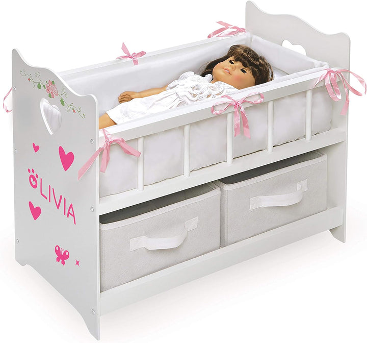 Wooden Doll Bed with Bed Liner, Pillows and Two Storage Baskets - Fits 18" Dolls - Ideal for Pretend Play and Baby Doll Fun - White/Rose Design with Free Personalization Kit