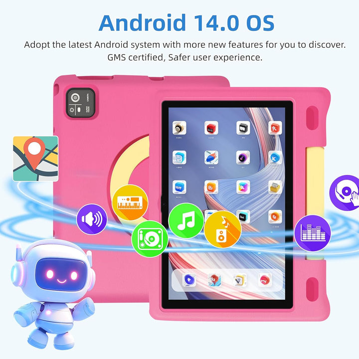 Kids Tablet, 10.1 Inch IPS HD Touchscreen Android 14 64 GB Storage, 8GB (4+4 Virtual) RAM, Octa Core Tablet for Kid with Kid-Proof Case, Parental Controls, 12-Hr Battery, Wifi, GPS – Pink