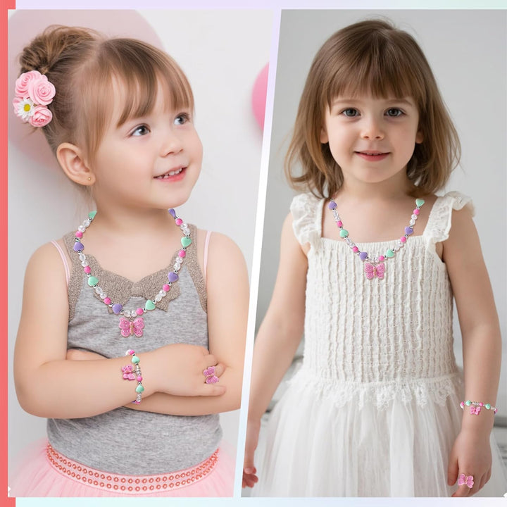 Girls Colorful Butterfly Jewelry Set - Toddler Butterfly Necklace Girls Pretend Plasy Toy Jewelry Box Set with Bead Necklace, Bracelet and Ring - Play Accessories - Ages 3+ Girl Birthday Gifts-Style 2