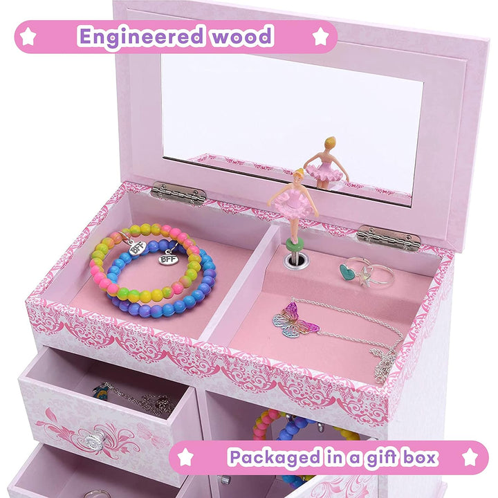 - Ballerina Jewelry Box for Girls with 3 Pullout Drawers - Ballerina Music Box with Swan Lake Tune - Ballet Slipper Design - Jewelry Storage Organizer for Necklaces and Bracelets
