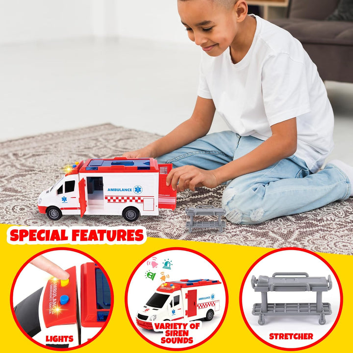 Ambulance Toy Truck for Kids 3-8, Lights & Siren, Friction-Powered 1/16 Scale Rescue Toy Ambulance, Emergency Vehicle Toys with Removable Stretcher, Doors Open for Immersive Imagination