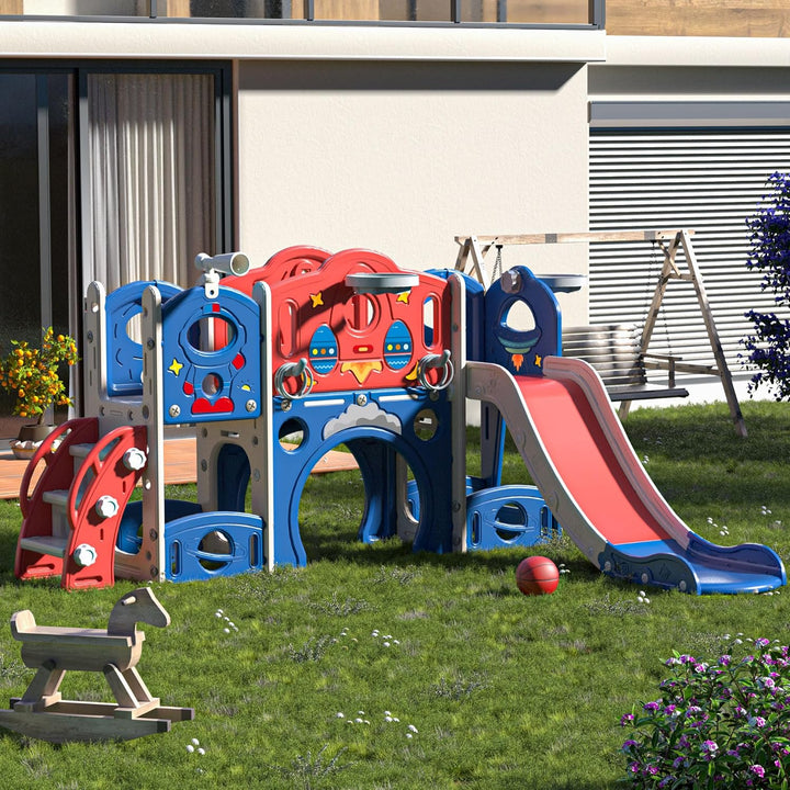 9-In-1 Castle Amusement Playground Playhouse, Indoor Outdoor Playset for Toddlers Age 1-3, Backyard Climber Play Set Slide for Kids Baby (Blue)
