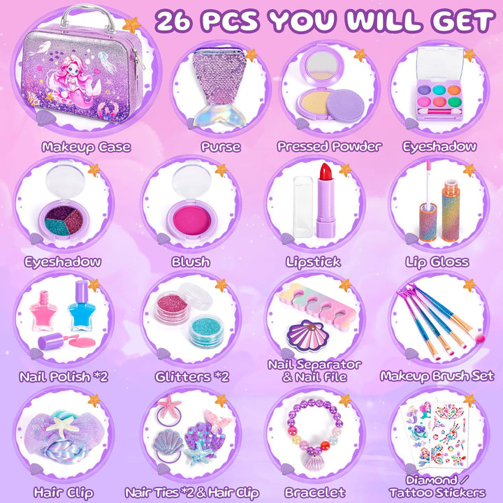 Kids Makeup for Toddlers Toys, Washable Make up Set Non-Toxic Mermaid Toys for Girls Purse, Princess Pretend Play Hair & Nail Polish Accessories, Christmas Birthday Gift Toys for Girls 3+