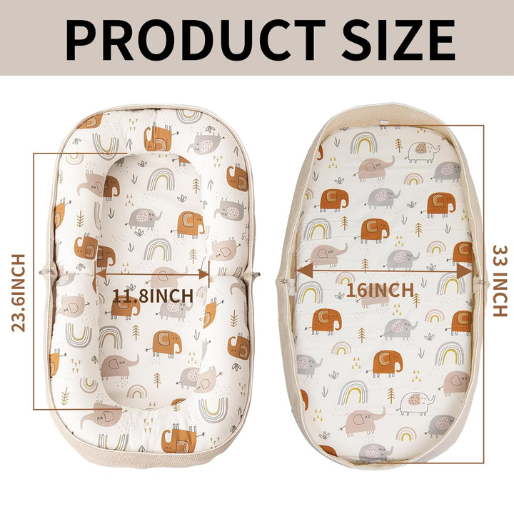 Baby Lounger, Foldable Infant Nest Pillow with Soft Memory Foam Mat, Cover with Adorable Pattern, Converts to Backpack for Easy Travel, 0-12 Months, White