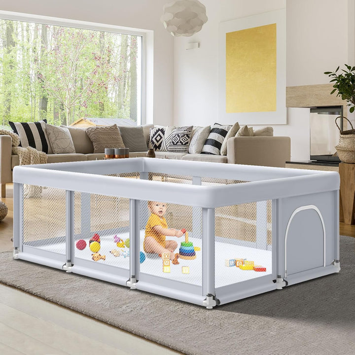 74" ×50" Large Baby Playpen, Baby Playard for Babies and Toddlers, Baby Fence Play Pens for Indoor & Outdoor, Sturdy Safety Play Yard with Soft Breathable Mesh, Anti-Fall, Grey
