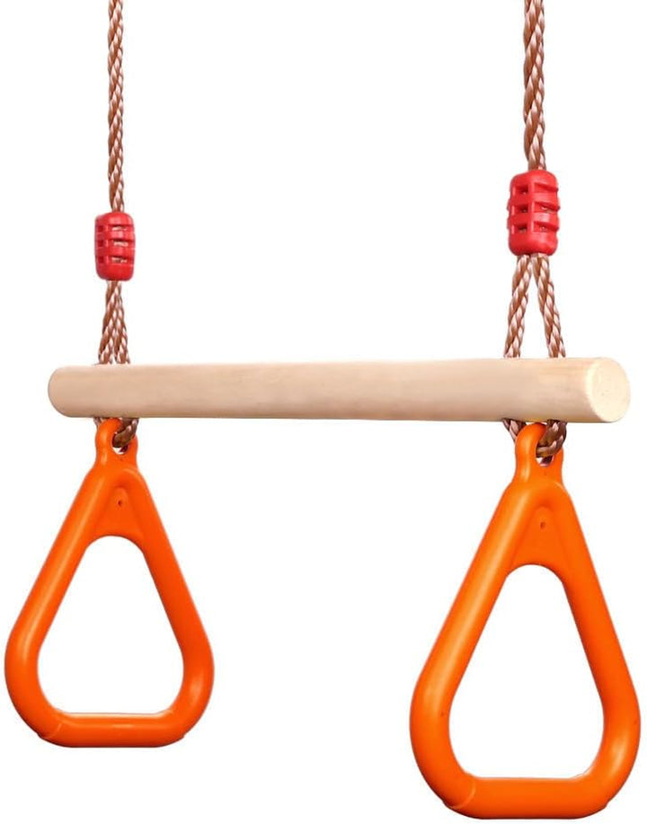 Playground Children'S Wooden Trapeze Swing Bar with Plastic Gym Rings Swing Set for Indoor & Outdoor Fun