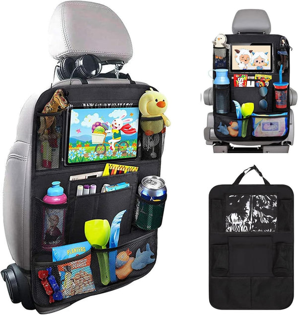 Car Organizer Back Seat with 9 Storage Pockets & 10″ Tablet Holder, 1Pack Seat Back Cover for Kids Toddlers, Kick Mats Protector, Keep Cars Vehicles Organized & Tidy, Travel Accessories