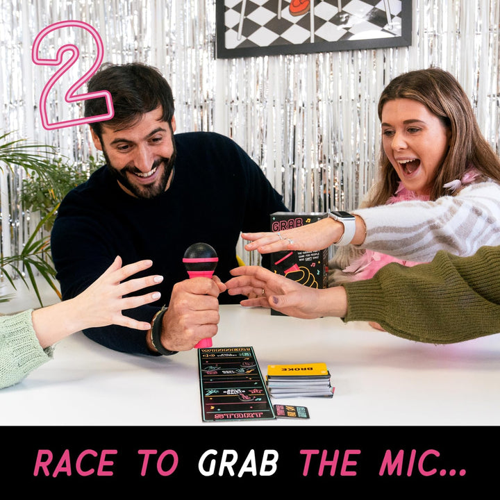 Official Grab the Mic – Family Karaoke Board Game, 8+ Year Olds, 2-10 Players - Games for Bad Singers with 250 Lyrics (125 Cards) for Hilarious Game Nights & Birthday Party, Kids Gift