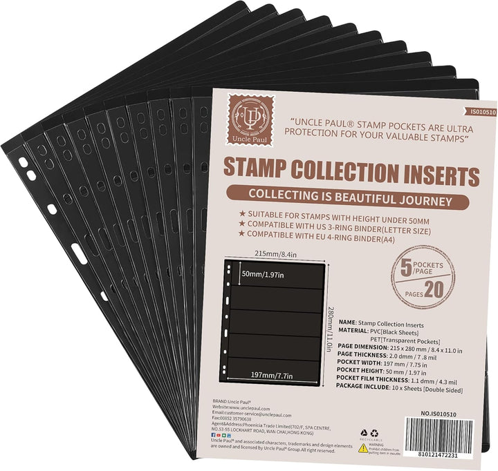 10 Sheets 20 Pages Postage Stamp Album Pages, 7 Pockets 7.7X 1.35In Stamp Collection Inserts, 9 Hole Standard Stamp Collecting Album Sleeves for Stamp Collection Binder IS010710