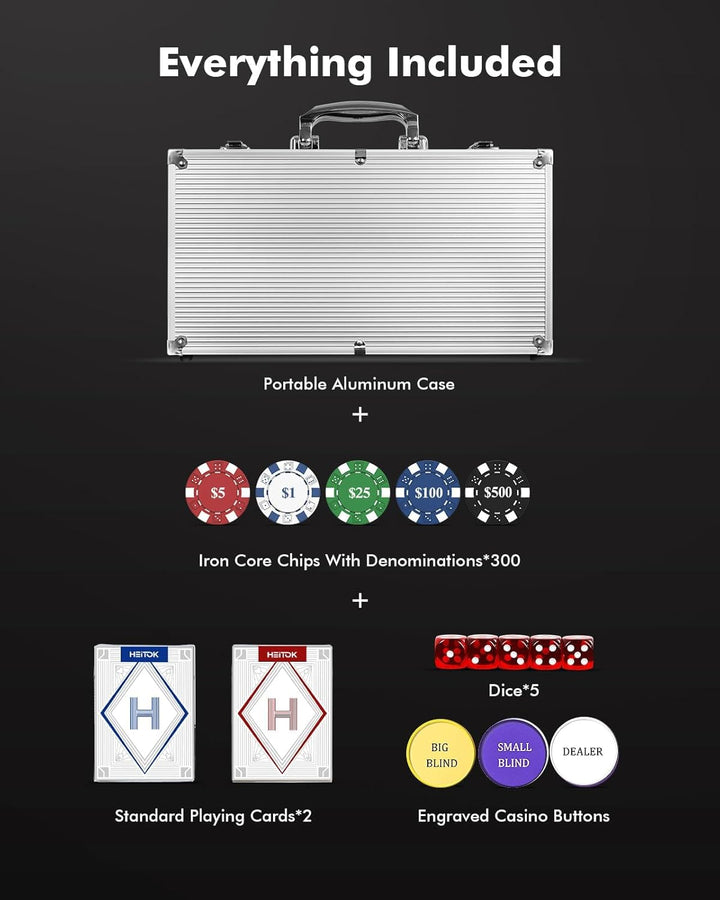 Poker Set with Denominations, 300-Pcs 11.5G Weighted Numbered Chips, 5 Dice, 2 Decks with Compact Aluminum Case for Texas Hold'Em, Blackjack, Age 8 and Plus