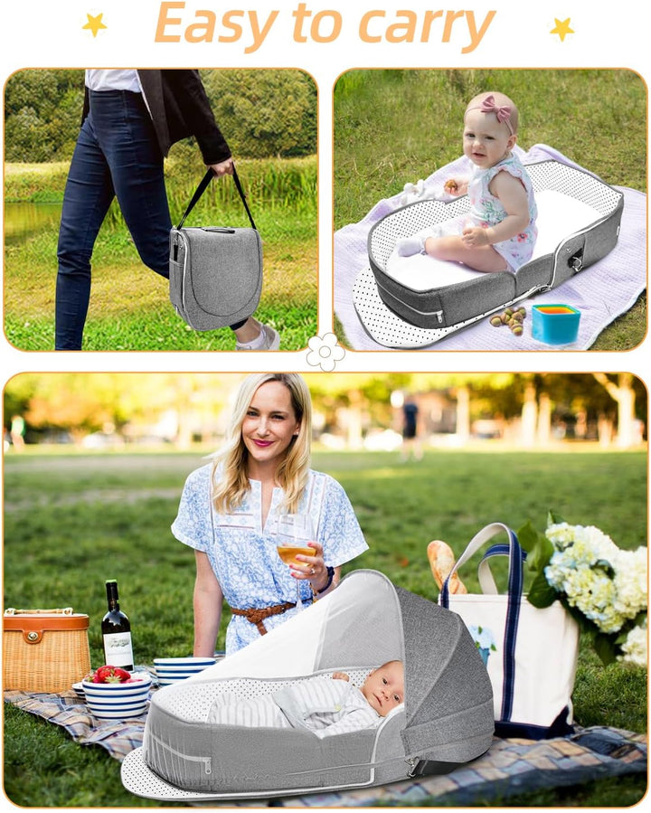 : Foldable Lightweight Travel Pod Infant Bassinet with Mosquito and Canopy Outdoor Newborn Essentials Gift