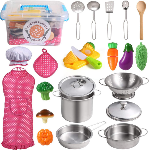 Kitchen Pretend Play Toys with Stainless Steel Cookware Pots and Pans Set, Cooking Utensils, Apron & Chef Hat, Cutting Vegetables for Kids, Girls, Boys, Toddlers