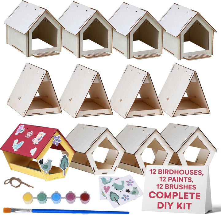 DIY 12 Wooden Bird House Kits - Creative Arts and Crafts Set for Kids and Adults - Unfinished Wood Birdhouses with Paint Strips, Brushes, Stickers and Strings - 3 Unique Shapes, 2 Sizes