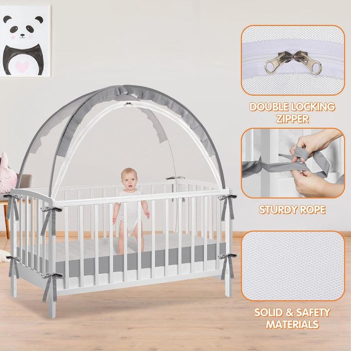 Crib Tent to Keep Baby from Climbing Out - Crib Net to Keep Baby in - Pop up Breathable Cribs Cover - Canopy with Upgrade Strong Mesh and Durable Zipper (Grey, Lager)