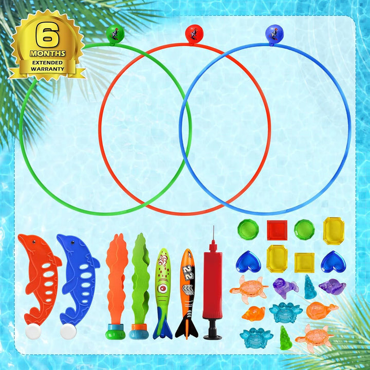 Pool Toys Diving Rings - 28PCS Swim Thru Rings Pool Game Diving Toys with Dive Ring Underwater Treasures Torpedo Bandits Fish Toy Fun Water Swimming Toy for Boys Girls Kids Teens Adults