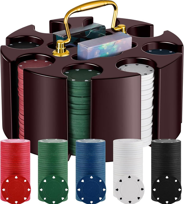 Poker Chips Poker Set, 200 Count Rotating Chip Case Wood Carousel Case Holder with 200 Pcs Chips and 2 Decks of Playing Cards for Casino Party Supplies Family Game Accessory