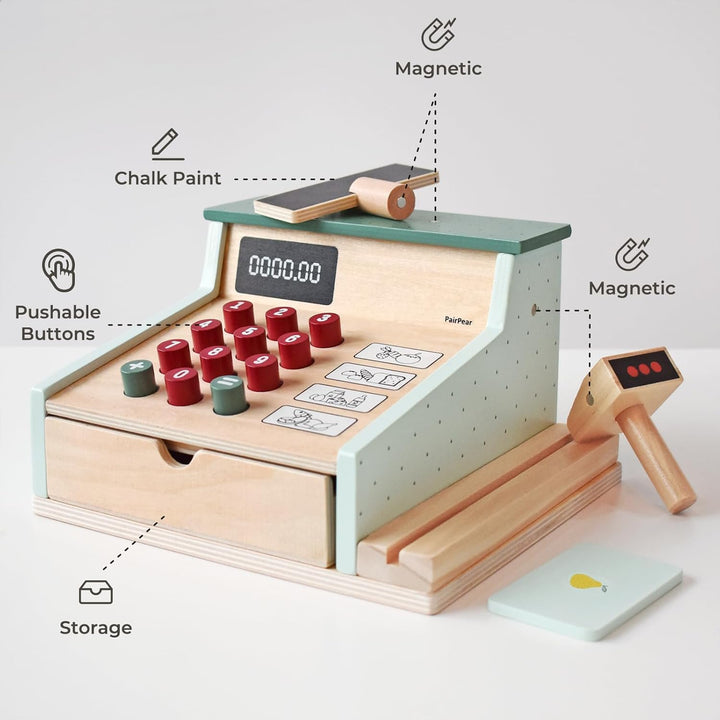 Wooden Toy Cash Register,Kids Pretend Play Money Counting Toys with Scanner and Credit Card,Toddler Cashier Toy Grocery Play Food Accessory for Pre-School Gift Boys Girls 3+