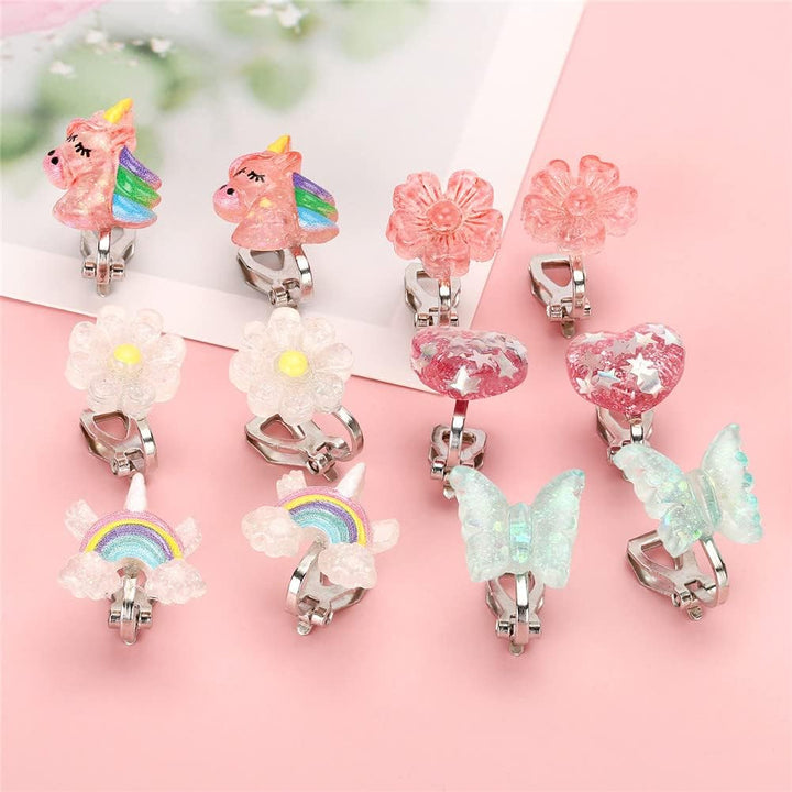 6Pairs Crystal Unicorn Clip on Earrings for Little Girls, Rainbow Clip-On Jewelry Butterfly Earrings Toddler Girls Dress up Jewelry