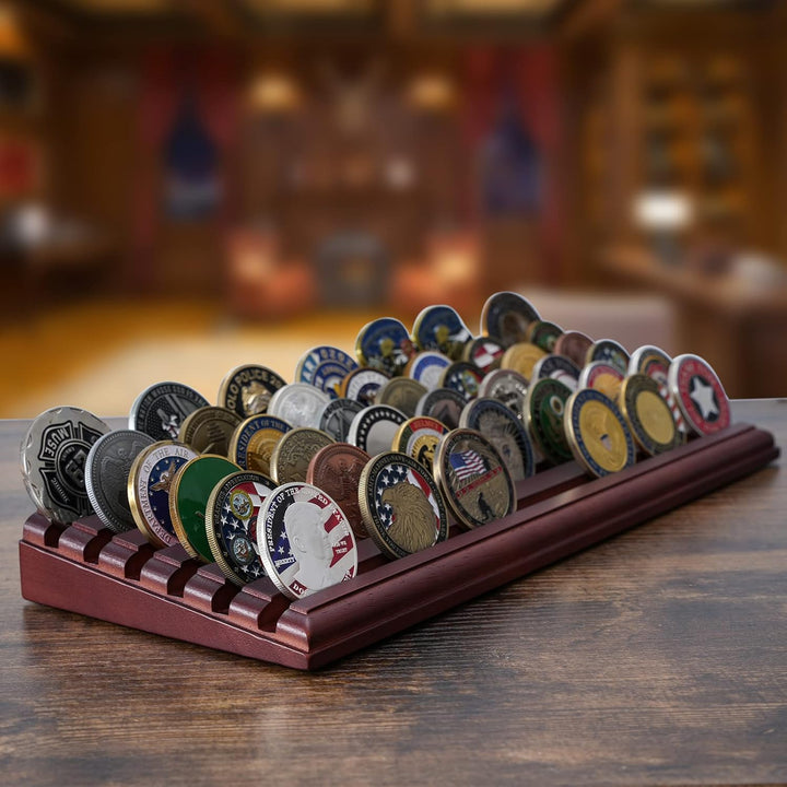 Challenge Coin Display Stand 6 Row 100% Solid Wooden Holder Rack Case Holds 42 Coins