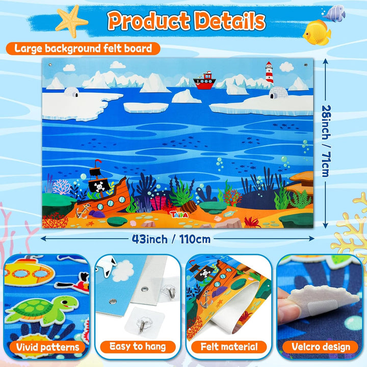 70 Pcs Ocean Felt Story Board Set, 43X28 Inch Interactive Felt Board, Fuzzy Flannel Board, Preschool Storytelling, Classroom Educational Learning Play Kit, Interactive Teaching Kit for 3 Years +
