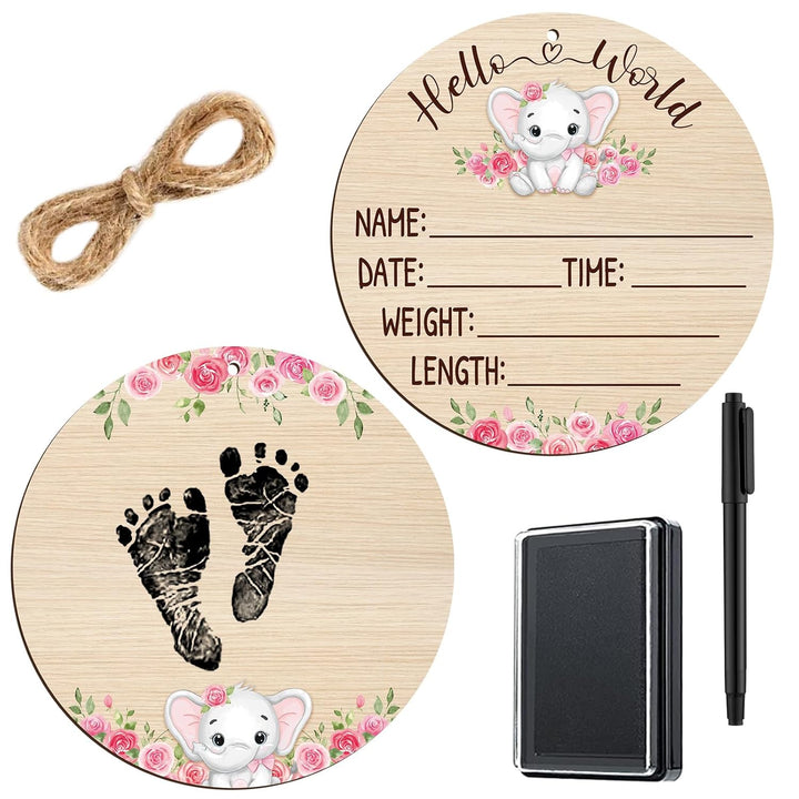 Baby Announcement Wooden Name Sign for Hospital Birth Double Sided Newborn Welcome Sign with Marker Pen and Ink Pad for Baby Shower Hand Footprints(Jungle)
