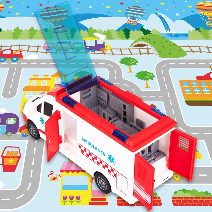 Ambulance Toy Truck for Kids 3-8, Lights & Siren, Friction-Powered 1/16 Scale Rescue Toy Ambulance, Emergency Vehicle Toys with Removable Stretcher, Doors Open for Immersive Imagination