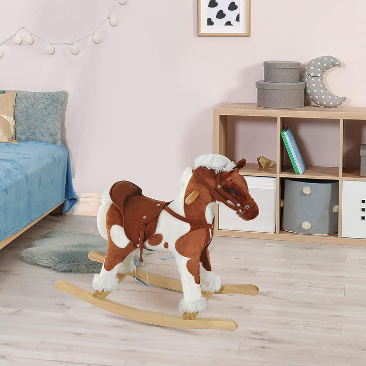 Wooden Toddler Rocking Horse, Kids Plush Ride on Horse Toy Animal Rocker with Nursery Rhyme Music Brown