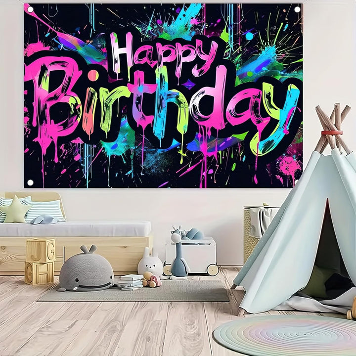 Neon Happy Birthday Banner - 71X43 Photography Backdrops, Party Background Decorations, Colorful Graffiti Splash Paint Kids Birthday Supplies, Glow in the Dark