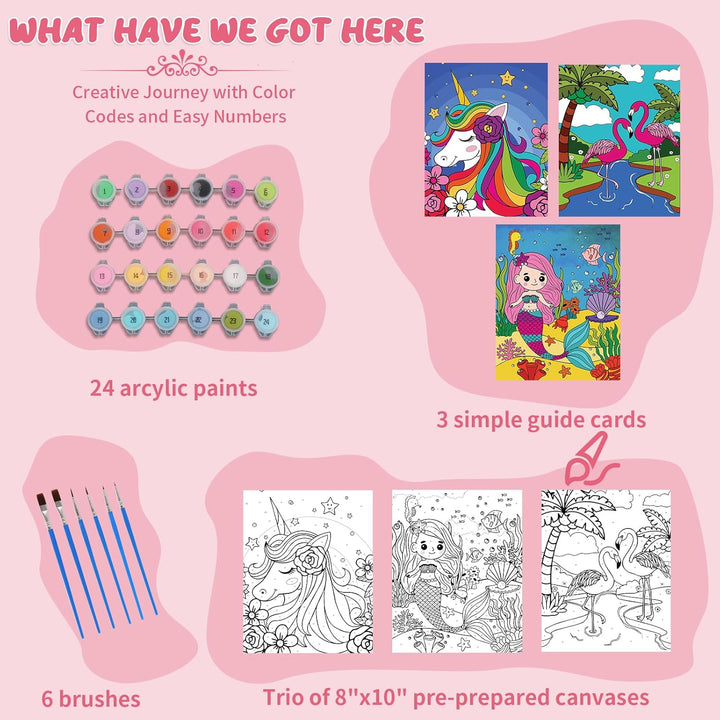 Paint-By-Numbers Kit - 3 Pack Framed Canvas, 24X3Ml Acrylic Paints, 6 Brushes, Predrawn Canvas, Art Set for Teens & Kids