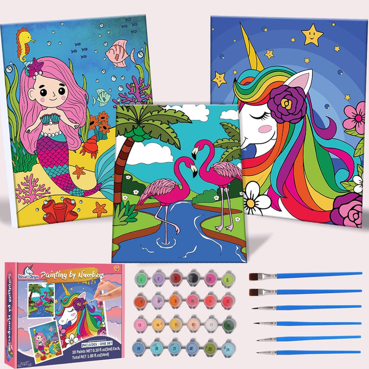 Paint-By-Numbers Kit - 3 Pack Framed Canvas, 24X3Ml Acrylic Paints, 6 Brushes, Predrawn Canvas, Art Set for Teens & Kids