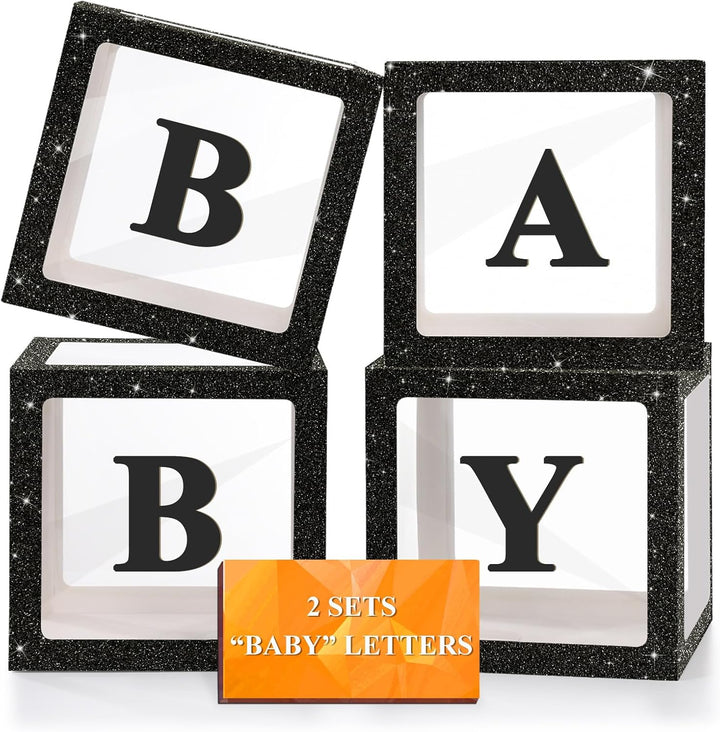 Baby Boxes with Letters for Baby Shower Decorations, 4 Pcs Clear Baby Balloon Boxes Blocks Decor with LED Fairy String Lights for Boy Girl Gender Reveal Decorations Backdrop Party (White)