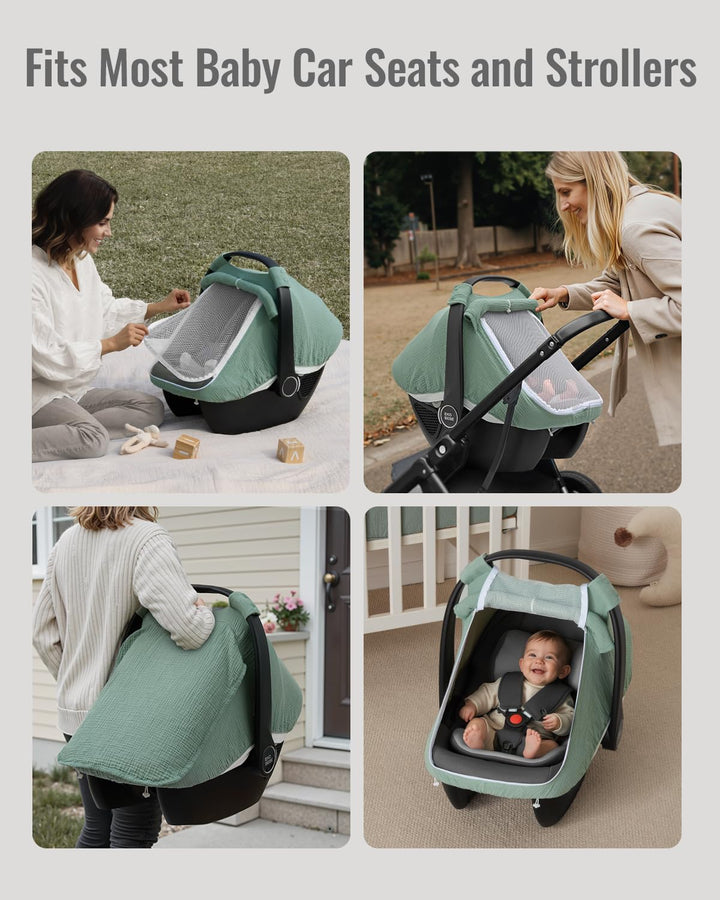 Baby Car Seat Cover, Extra Large Mesh Window, Breathable Muslin Cotton, Infant Windproof Canopy, Must-Have Baby Gift - Roman Green