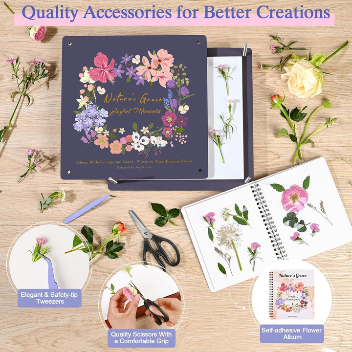 Flower Press Kit for Adults & Kids, with Designed Cover and DIY Album, 10.9" X 10.9" 10 Layers Flower Preservation Kit, Plant Press and Large Plant Drying Toolkit (Color Box, Purple Navy)