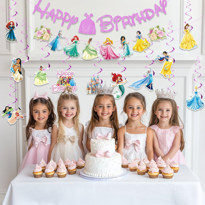 Princess Birthday Party Decorations Include 1Pc Glitter Happy Birthday Banner,1Pc Princess Banner and 14Pcs Cute Hanging Swirls for Girls, Pre-Assembled Party Decorations