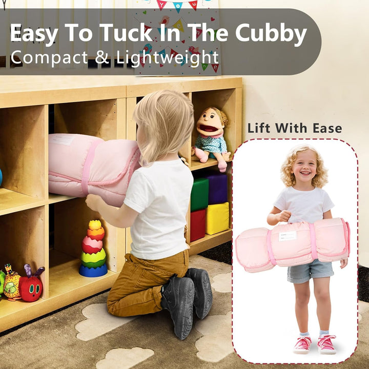Lightweight Toddler Nap Mat Perfect for Warm Sleepers, Portable Sleeping Bag with Removable Pillow and Fleece Blanket, Washable, Great for 3 Seasons, Daycare, Preschool, Boy and Girls
