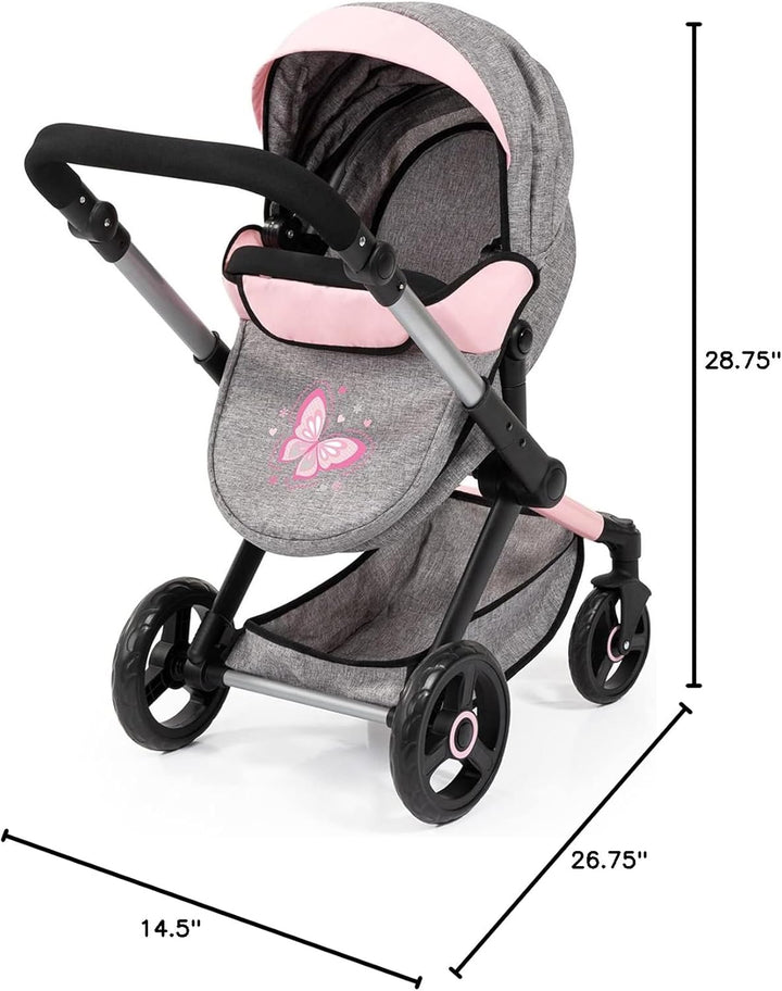 : Pram Xeo: Butterfly Grey & Pink - Matching Handbag, Adjustable Handle, for Dolls up to 20", Ages 3+ | Dress Up