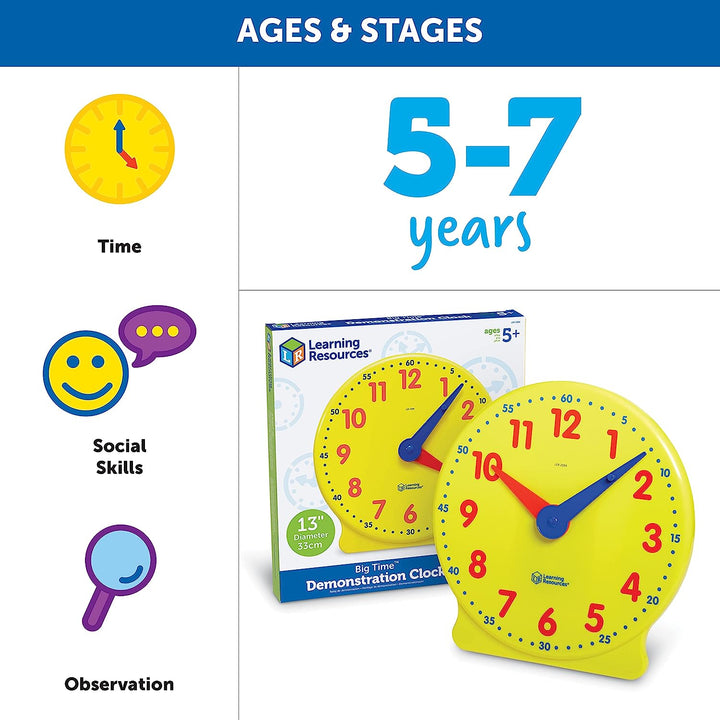 Big Time Learning Clock, Analog Clock, Homeschool, 12 Hour, Basic Math Development, Ages 5+
