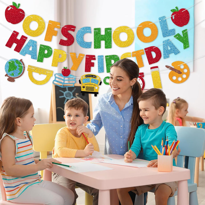 Happy First Day of School Banner, 3Pcs Welcome Back Banner Party Decorations for Children Kids Student Celebrating 1St Day of School Classroom Office Party Supplies Hanging Decor, Pre-Strung, NO DIY