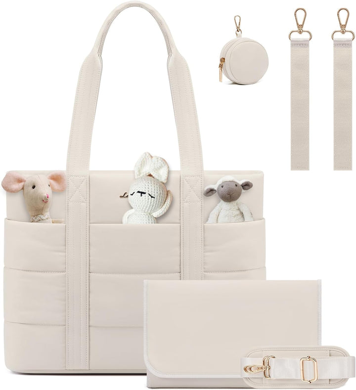 Diaper Bag Tote, 15.6Inch Puffer Baby Diaper Bag Waterproof Travel Diaper Tote with Changing Pad Pacifier Case
