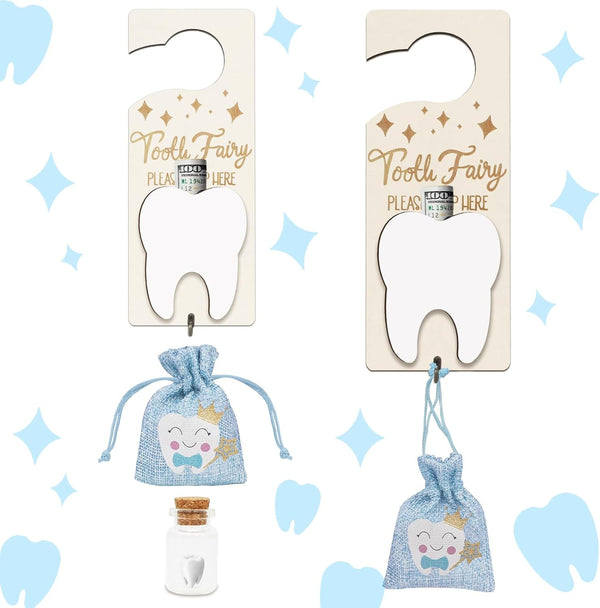 3PCS Tooth Fairy Tooth Holder, Tooth Fairy Door Hanger with Money Slot, Keepsake Bottle & Burlap Pouch for Lost Teeth, Encourage Gift for Boys Girls,Blue