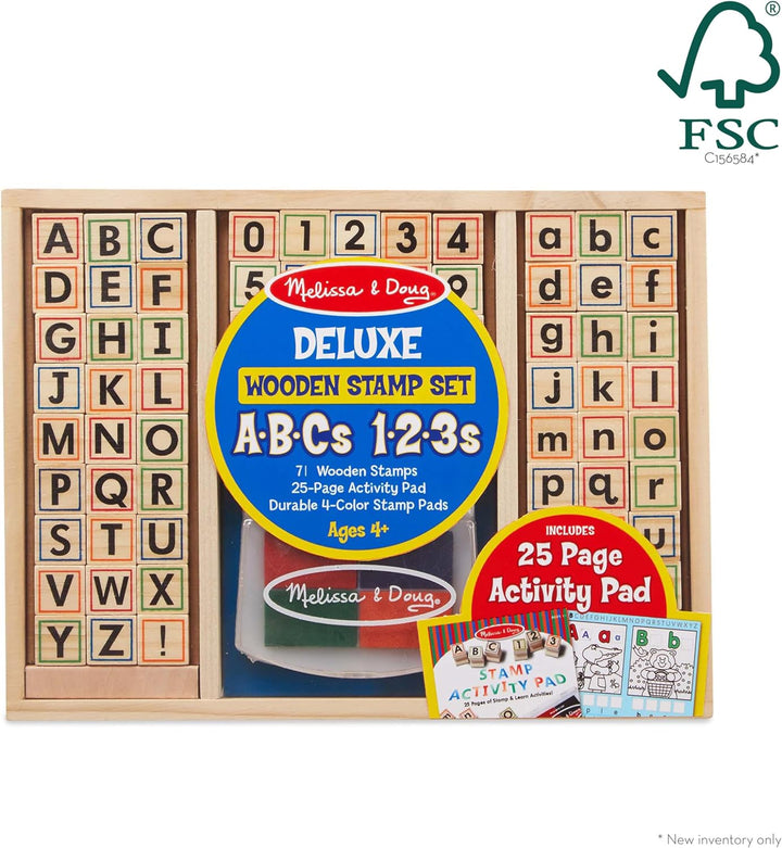 Deluxe Letters and Numbers Wooden Stamp Set Abcs 123S with Activity Book, 4-Color Stamp Pad - FSC Certified