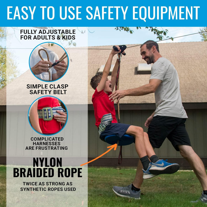 Zip Line Kit for Kids and Adults, 100/120/150/200Ft, up to 350 Lbs, Removable Trolley, Rustproof Stainless Steel, Quick Setup with Ratchet, Safety Harness, Backyard Adventure Fun W/Climbing Holds